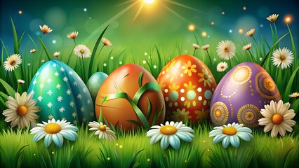 A collection of 6 painted easter eggs template celebrating a Happy Easter with cut green meadow grass & daisies with a transparent background.