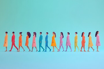 Colorful Paper People Walking Forward in a Row