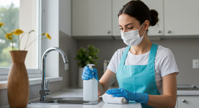 Woman in mask disinfecting surface in kitchen with sanitizer spray for hygiene and health during coronavirus epidemic. Cleaning with gloves for house cleaning routine