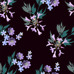 Vector floral seamless pattern on black background for fabric, paper design.
