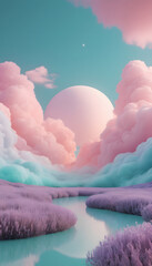 Pastel Dreamscape: A Serene River Flows Through a Lavender Field Underneath a Giant Pink and Teal Cloud Formation