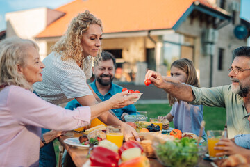 Extended family enjoying outdoor lunch in backyard