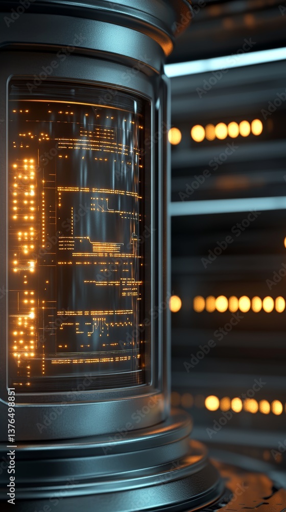 Poster futuristic data storage device with glowing elements showcasing advanced technology and intricate de