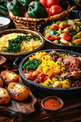 Obraz premium Brazil Independence Day, traditional Brazilian cuisine, national dishes, festive family dinner, vertical banner