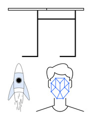 Rocket lifting off with flame trail, geometric facial recognition grid on human face, minimal table shape outline. Ideal for technology, innovation, architecture, AI, identity, progress exploration