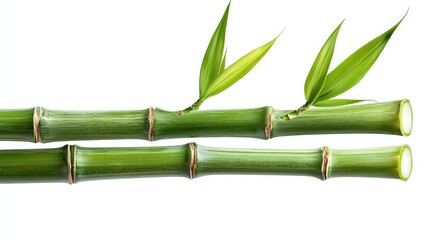 Fototapeta premium Fresh Green Bamboo Stems with Vibrant Leaves on a White Background