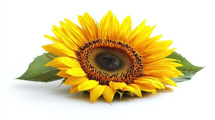 Obraz premium Bright and Vibrant Sunflower with Green Leaves on White Background