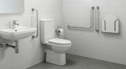 Accessible Bathroom Design for Enhanced Comfort - Modern accessible bathroom featuring toilet, sink, grab bars, and a fold-down seat for added safety and convenience