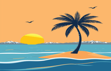 Minimalist Tropical Beach Sunset with Palm Tree and Ocean Waves – Vector Illustration