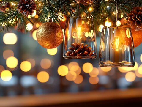 Capture the magic of the holiday season with this exquisite glass chandelier adorned with dangling holiday ornaments and twinkling golden fairy lights The warm, inviting glow creates a festive - Powered by Adobe