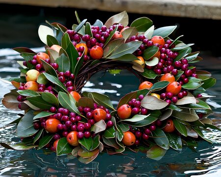 Celebrate the season with a stunning and vibrant Colorful holiday wreath made with seasonal berries, leaves, and ribbon This beautiful wreath captures the essence of festive cheer, perfect for - Powered by Adobe