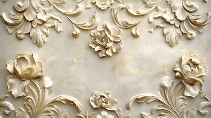 Floral relief with classic sculpted roses and acanthus leaves in creamy white stone for a vintage texture or decorative background design.