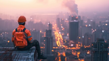Cityscape Contemplation: A solitary figure in construction attire surveys a sprawling cityscape at dusk, lost in thought.