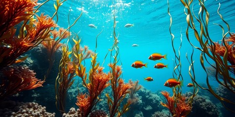 Vibrant Underwater Scene Featuring Schools of Orange Fish Amidst Lush Kelp Forests