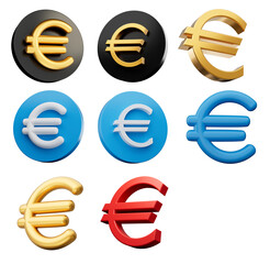 3d Set Of Eight Different styles Of Euro Symbol With Rounded Icons White Background, 3d Illustration
