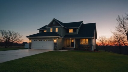 Suburban home exterior with lights glowing at dusk, showcasing the facade, driveway, lawn, and landscaping.