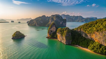 Khao Lak Beach Phang Nga Thailand Andaman Sea Aerial view of rocky islands surrounded by turquoise waters and lush greenery under a partly cloudy sky.