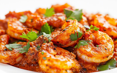 Focused close-up of Prawn Masala showcasing spices and details.
