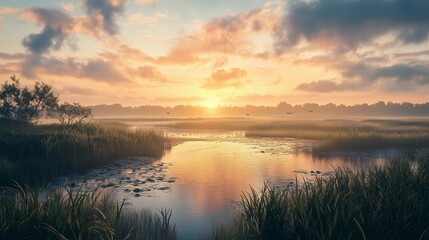 A beautiful sunset over a lake with a few birds flying in the sky. The sky is filled with clouds, and the water is calm. The scene is peaceful and serene, with the sun setting in the distance