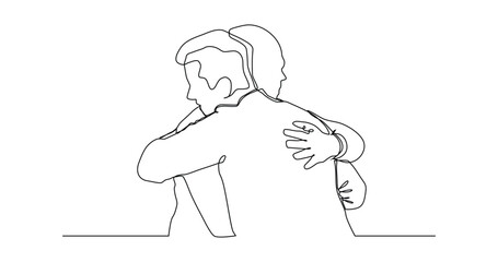continuous one line drawing of men friends hugging each other.