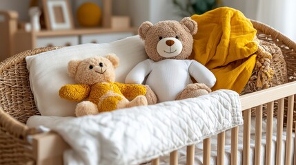 Create a serene and calming Scandinavian baby room with our soft bear toys and light tone wooden crib Discover inspiring ideas for designing a minimalist and charming nursery Explore the beauty of