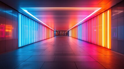 Neon-lit tunnel with vibrant colors and reflective floor.