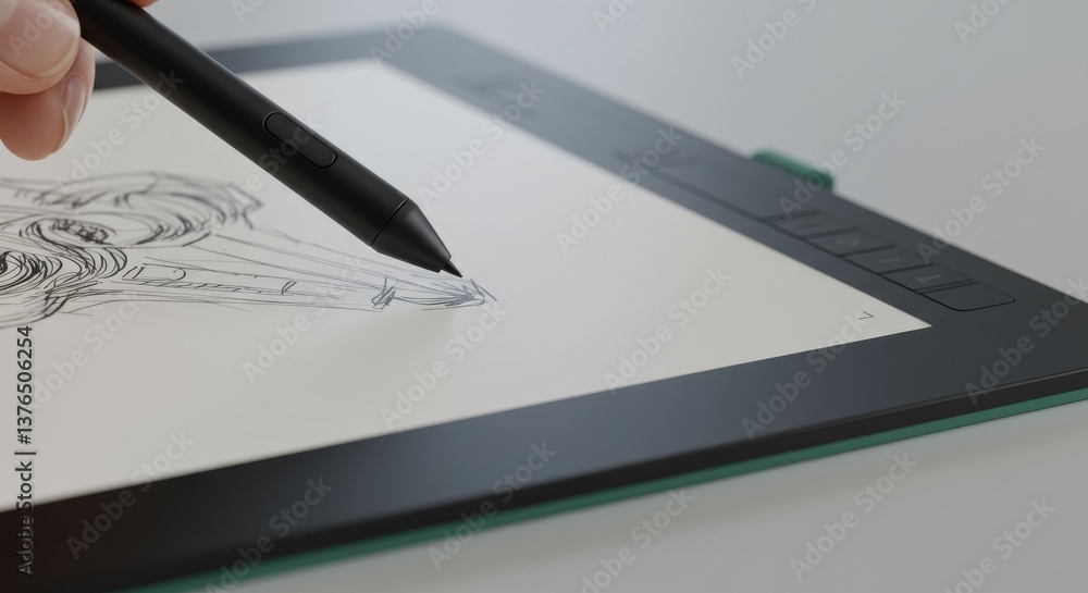 Poster drawing on tablet - hand using stylus to sketch a portrait on a drawing tablet with a green edge