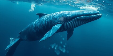 Fototapeta premium Majestic Whale Swims Gracefully Through Deep Ocean Waters, Its Body Marked with Unique Patterns, a Breathtaking Underwater Scene
