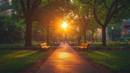 Fototapeta premium Sunlit park path at sunset with benches and trees.