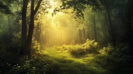 Obraz premium A forest with a path through it. The sun is shining through the trees, creating a peaceful and serene atmosphere