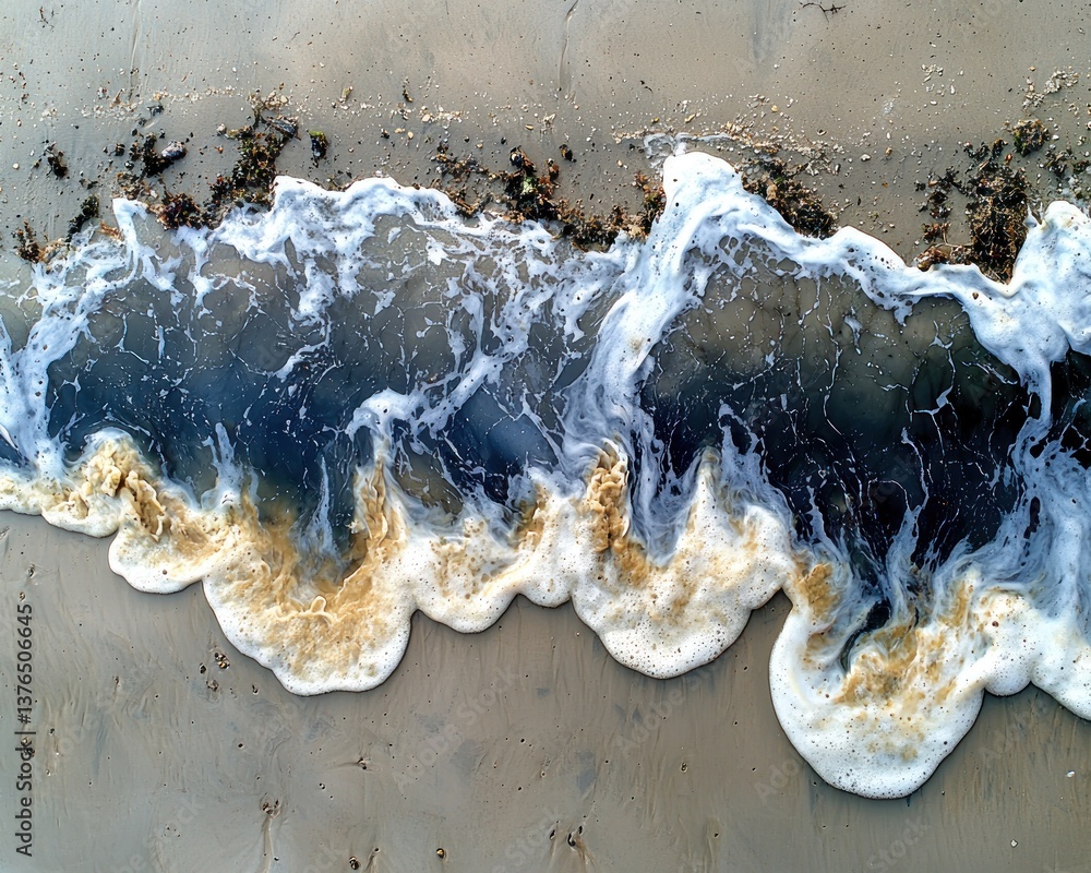 Poster aerial view of ocean waves receding on sandy beach, creating abstract patterns of foam and water