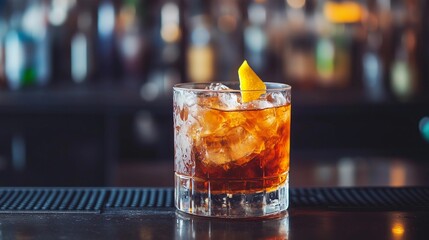A glass of dark liquor with a slice of orange on top. The drink is sitting on a bar counter