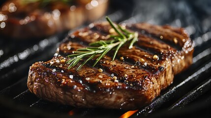 The Art of Grilling: A sizzling steak with sear marks and flavorful seasoning, accompanied by a sprig of rosemary, evokes culinary delight.