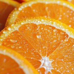 Refreshing Orange Slices: Close-up of juicy orange slices, glistening with water droplets, capturing their vibrant color and fresh, citrusy appeal.