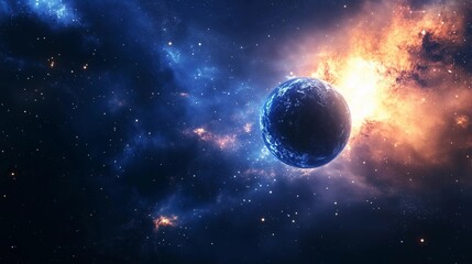 Obraz premium A large, glowing planet is surrounded by a blue and orange cloud. The planet is the main focus of the image, and the blue and orange colors create a sense of depth and contrast