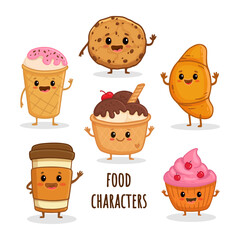 set of cartoon food characters isolated on white. Ice cream, cup of coffee, cupcake, croissant and cookie in flat style. Vector illustration
