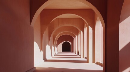 A long, narrow hallway with arched doorways and a pink color scheme. The hallway is empty and the light is shining through the arches, creating a warm and inviting atmosphere