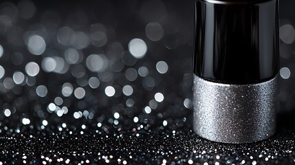 A bottle of perfume is on a black background with a lot of sparkles