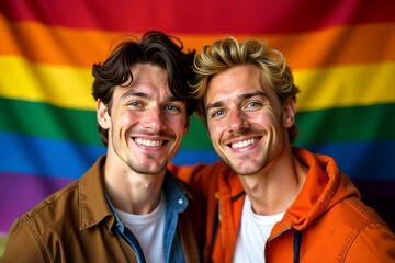 Portrait of two happy men in love against the background of a rainbow LGBT flag. Same-sex male couple against the background of a rainbow flag.