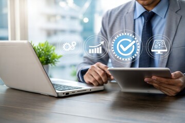 Businessman Using Digital Tablet for Quality Assurance and ISO Certification Analysis in Modern Office.
