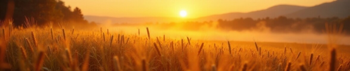Fototapeta premium Amber mist falls on golden wheat fields at dusk, autumn leaves, wheat, farm