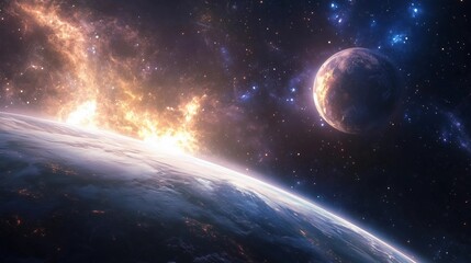 Obraz premium A planet with a moon and a lot of stars in the background. The planet is surrounded by a lot of space and the stars are scattered all over the sky