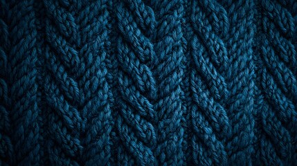 Detailed close-up of a deep blue knitted fabric. The texture showcases a herringbone pattern of interwoven strands, creating a warm, cozy vibe.