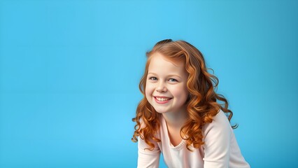 The red-haired curly-haired girl is smiling. The background is blue