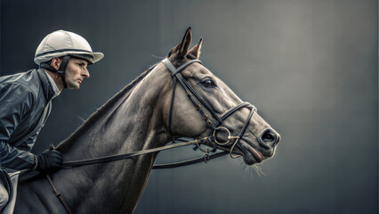 Fototapeta premium Focused jockey riding poised racehorse in close-up portrait with determined expression and sleek harness against soft neutral background