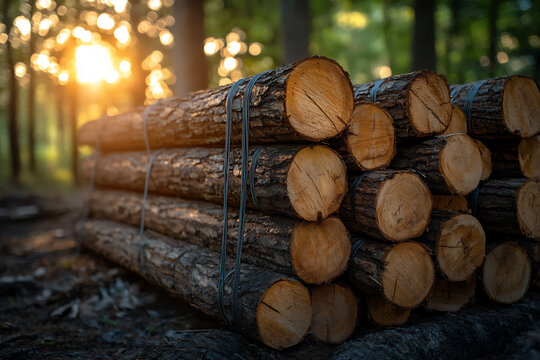 a focus on a single stack of rough-hewn timber,