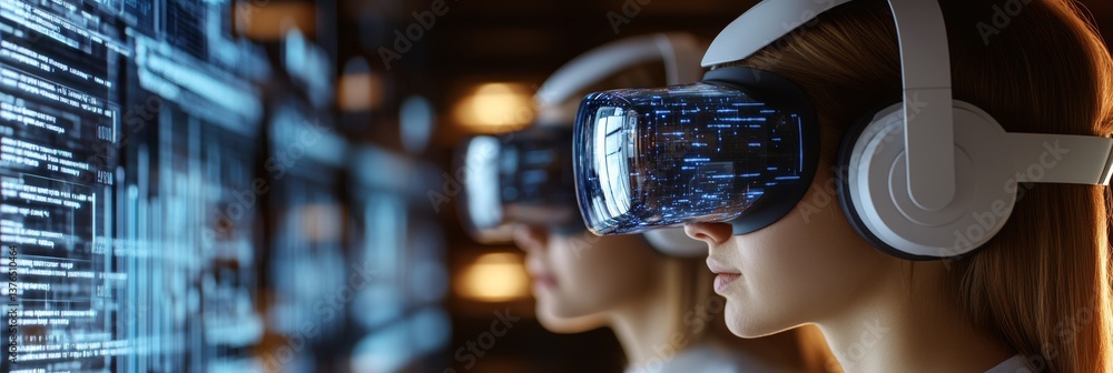 Poster virtual reality experience with users immersed in digital world, showcasing advanced technology and 