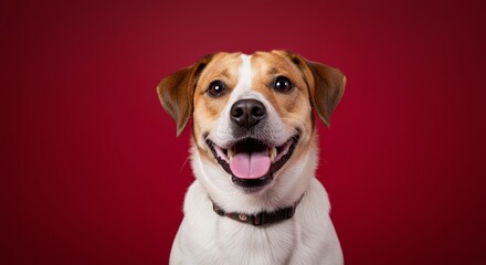 Happy Dog Red Background - Joyful canine, red backdrop, positive emotions, pet love, space