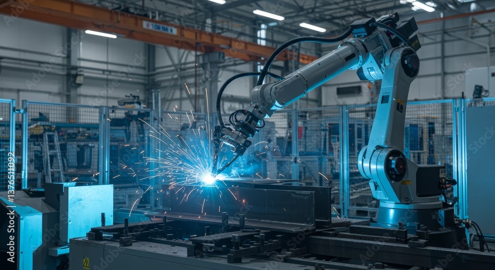 Poster industrial robot welding automation - a robotic arm performs a welding operation in a modern factory