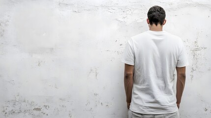 Fototapeta premium A man with dark hair stands facing a textured white wall, his back to the camera, wearing a plain white short sleeve shirt and light-colored jeans.